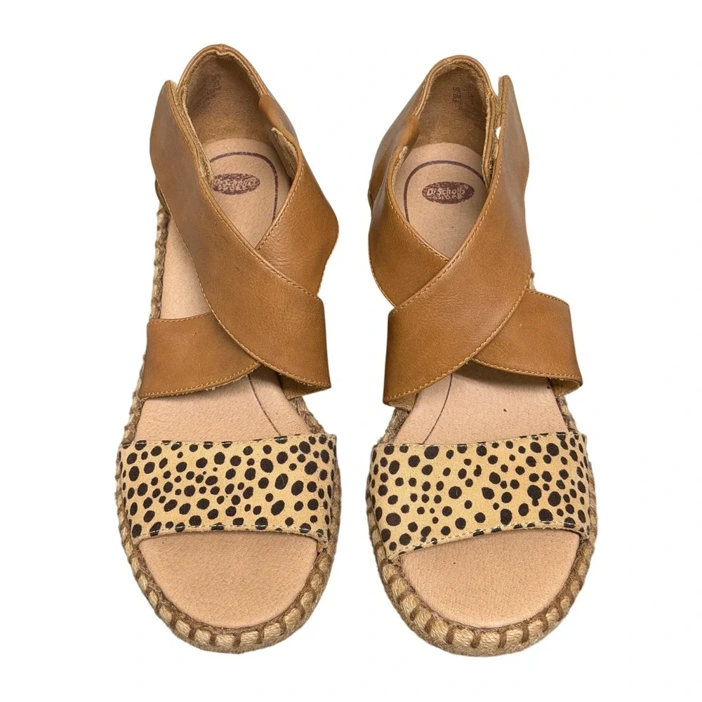 Dr. Scholl's Wedge Sandals Womens 6 Sunray Brown Leopard Espadrille EUC